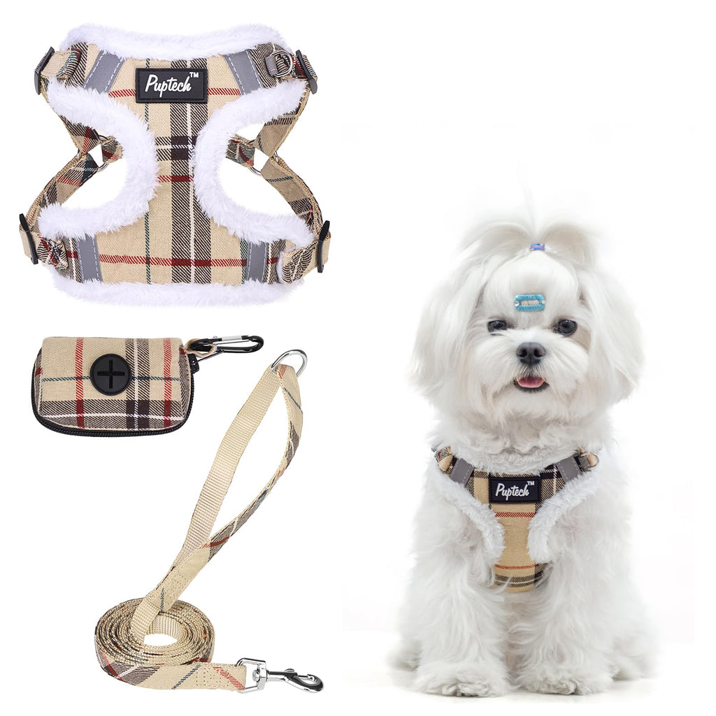 PUPTECK Dog Harness and Leash Set Size M, Step-in No Pull Reflective Vest for Small Dogs, Beige Plaid