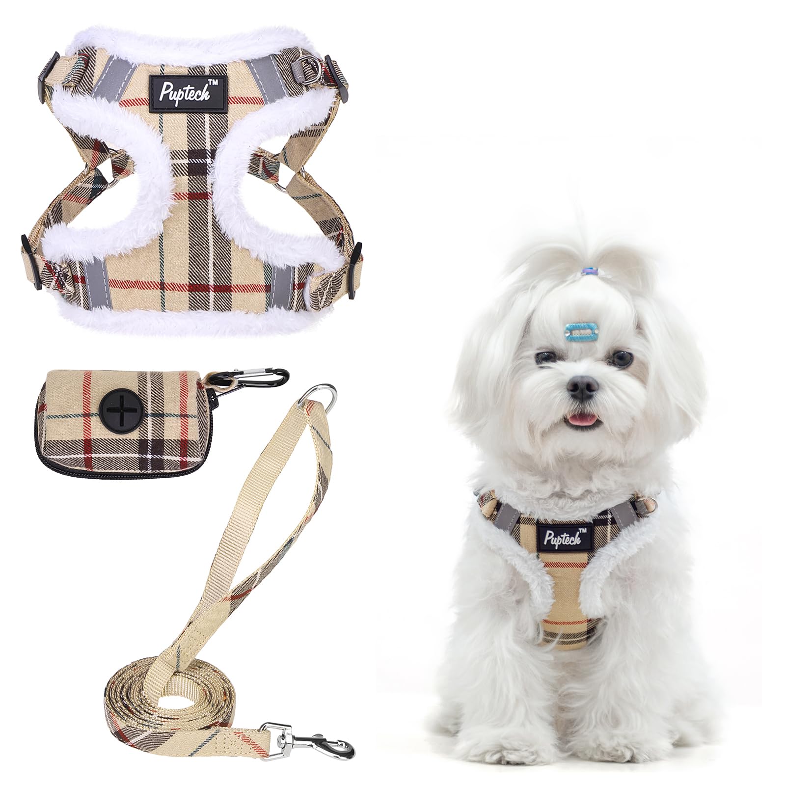 PUPTECK Dog Harness and Leash Set Size M, Step-in No Pull Reflective Vest for Small Dogs, Beige Plaid