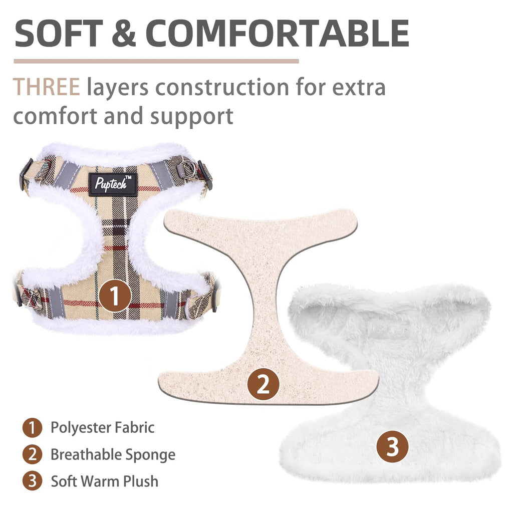 PUPTECK Dog Harness and Leash Set Size M, Step-in No Pull Reflective Vest for Small Dogs, Beige Plaid