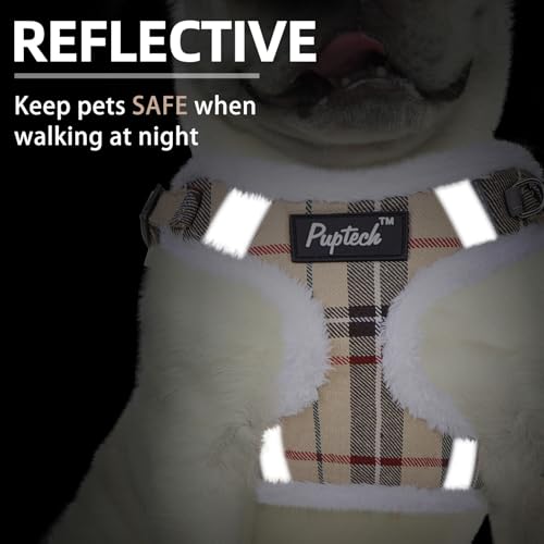 PUPTECK Dog Harness and Leash Set Size M, Step-in No Pull Reflective Vest for Small Dogs, Beige Plaid