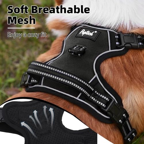 PUPTECK No Pull Dog Harness for Large Dogs, Black L – Reflective Adjustable Vest with Handle