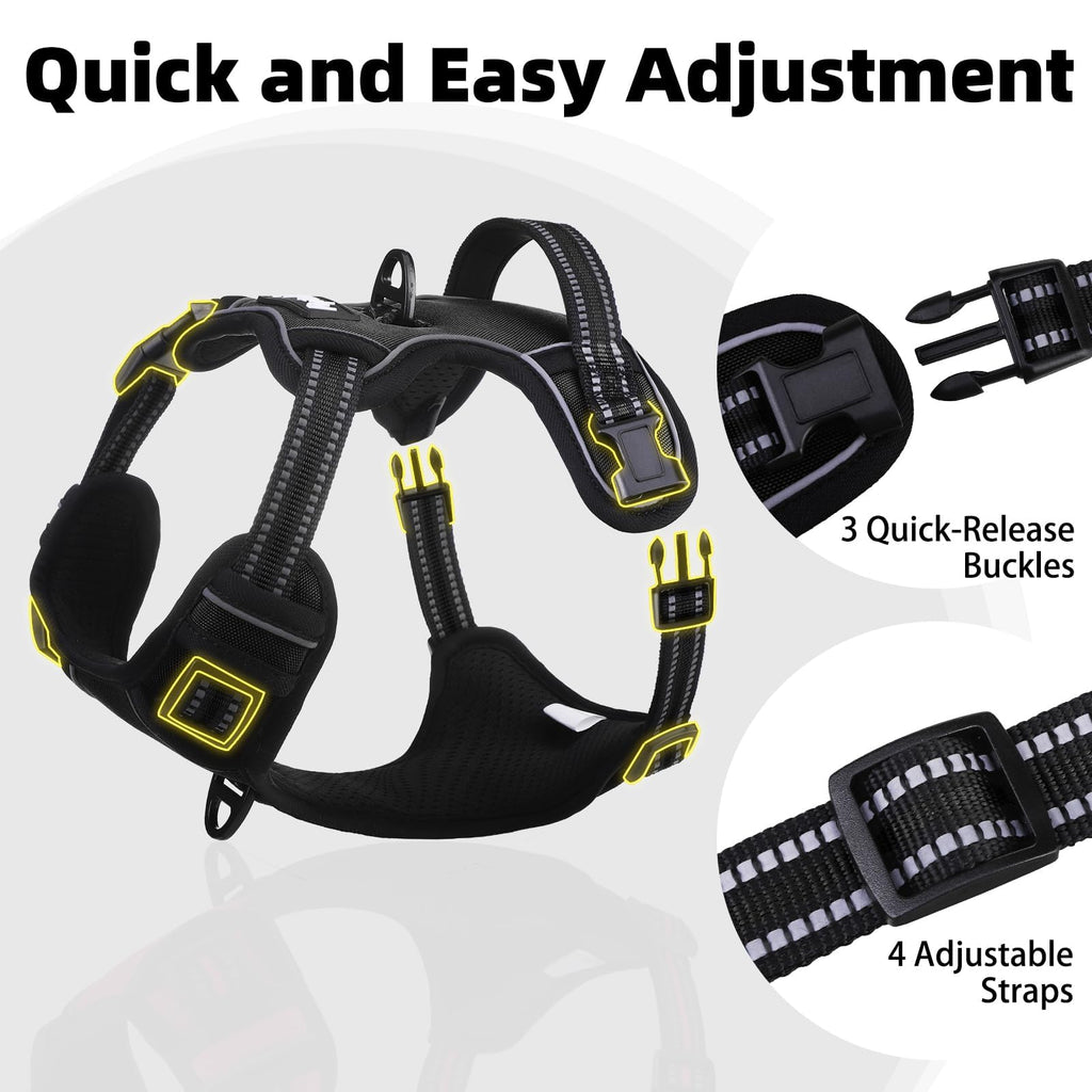 PUPTECK No Pull Dog Harness for Large Dogs, Black L – Reflective Adjustable Vest with Handle