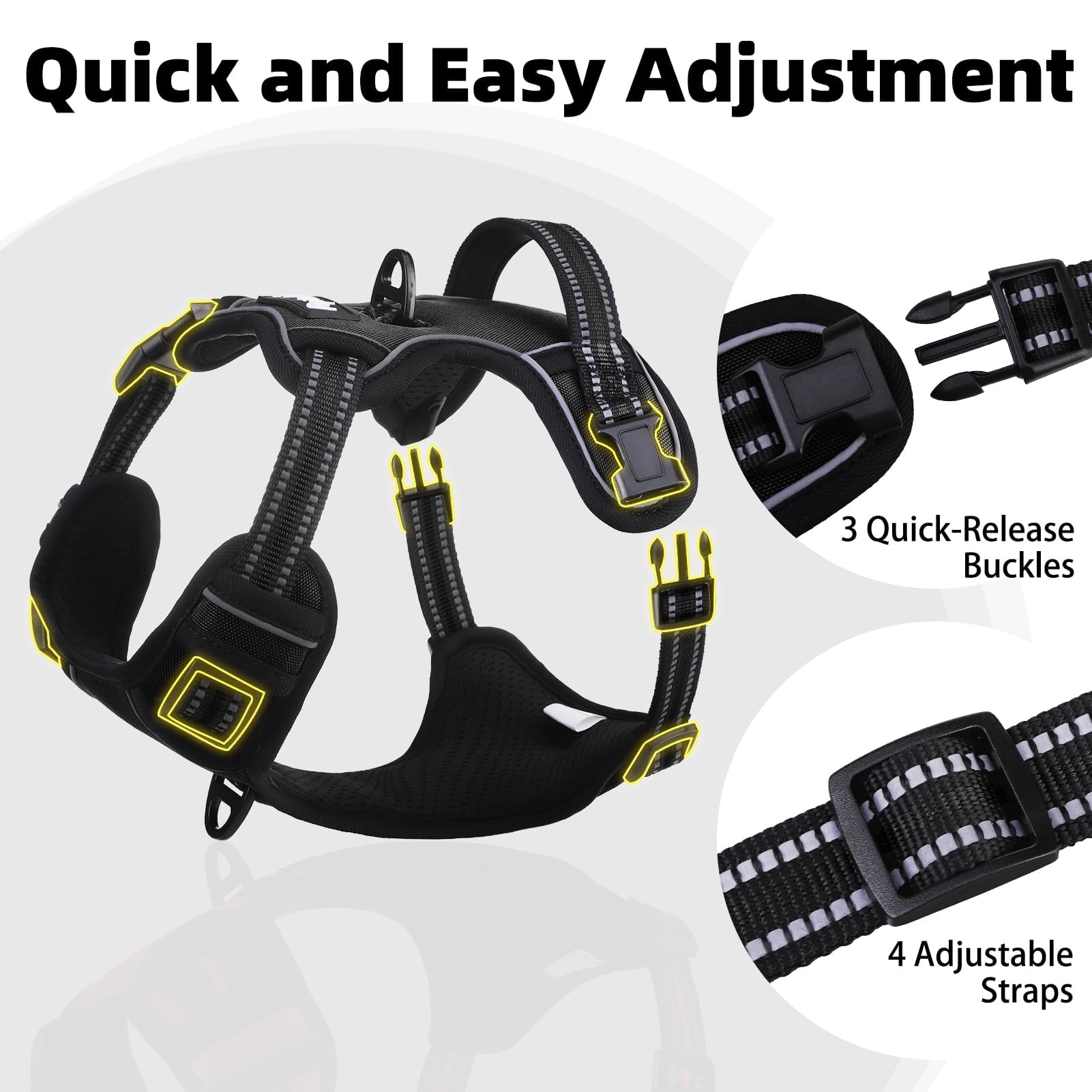 PUPTECK No Pull Dog Harness for Large Dogs, Black L – Reflective Adjustable Vest with Handle