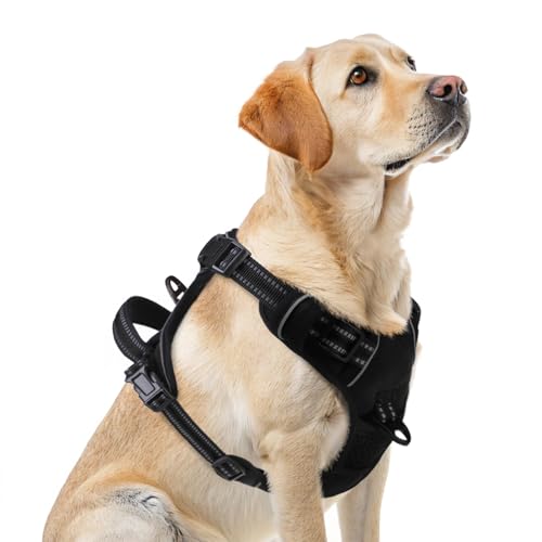 PUPTECK No Pull Dog Harness for Large Dogs, Black L – Reflective Adjustable Vest with Handle