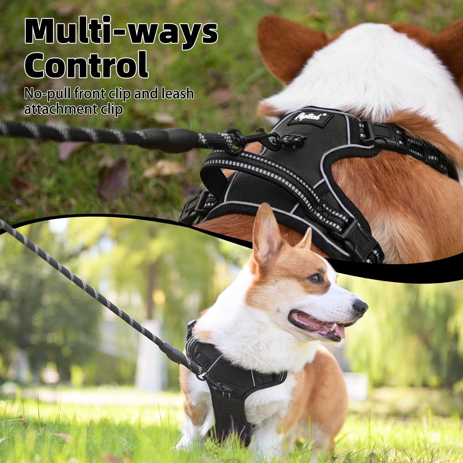 PUPTECK No Pull Dog Harness Medium, Black - Reflective Padded Vest with Handle for Medium Dogs