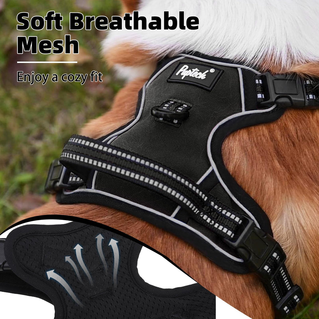 PUPTECK No Pull Dog Harness Medium, Black - Reflective Padded Vest with Handle for Medium Dogs