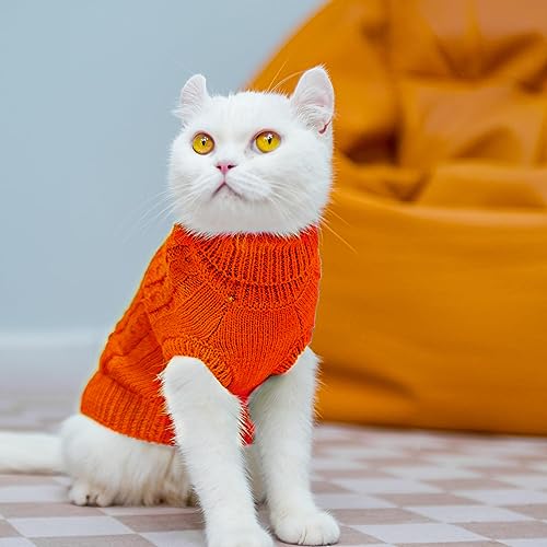 PUPTECK Winter Cat Sweater Coat - Soft Warm Knit for Cats & Small Dogs, Orange, Large