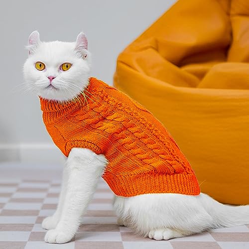 PUPTECK Winter Cat Sweater Coat - Soft Warm Knit for Cats & Small Dogs, Orange, Large