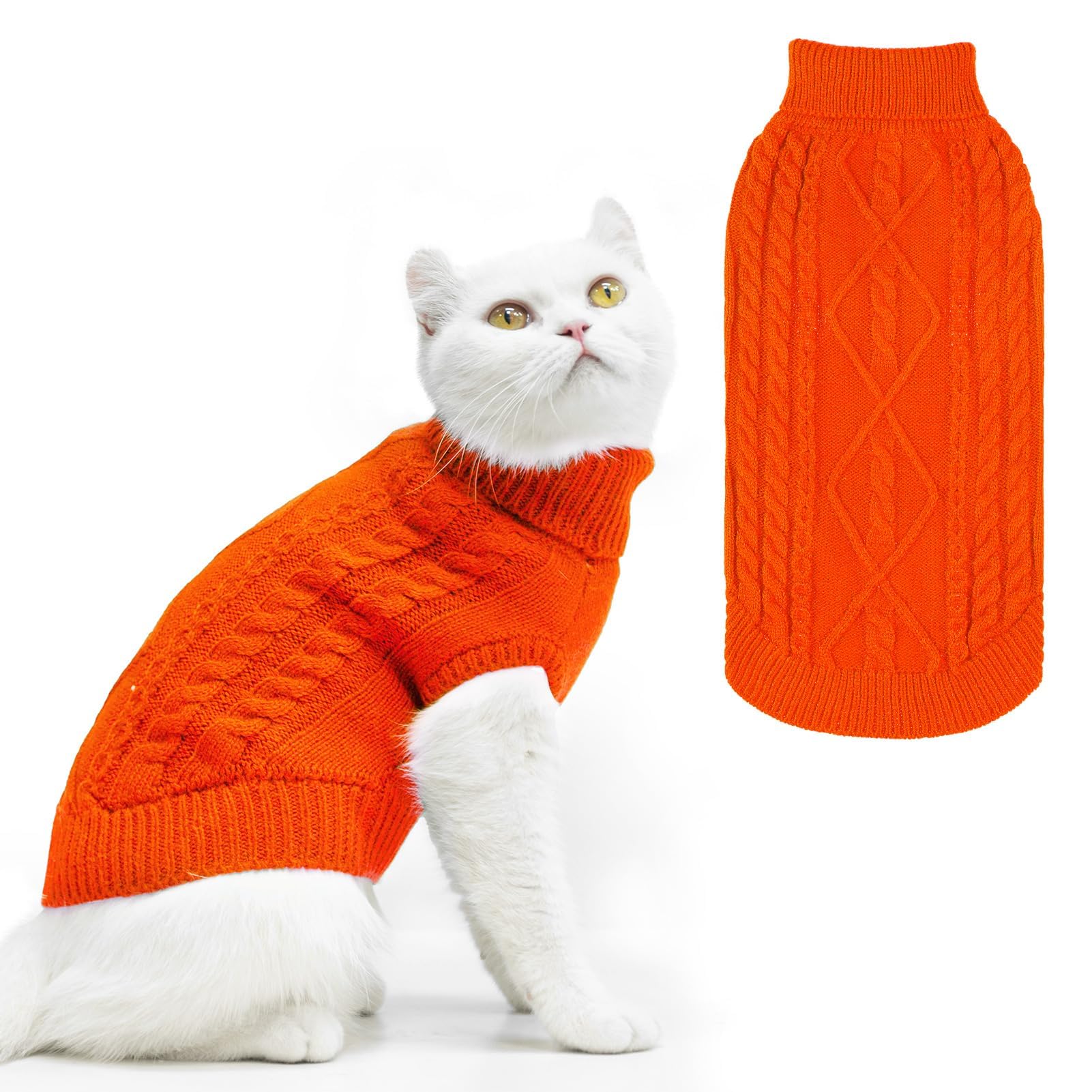 PUPTECK Winter Cat Sweater Coat - Soft Warm Knit for Cats & Small Dogs, Orange, Large