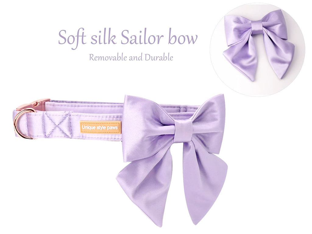 Purple Silk Dog Collar with Bow - Large Adjustable, Removable Bowtie