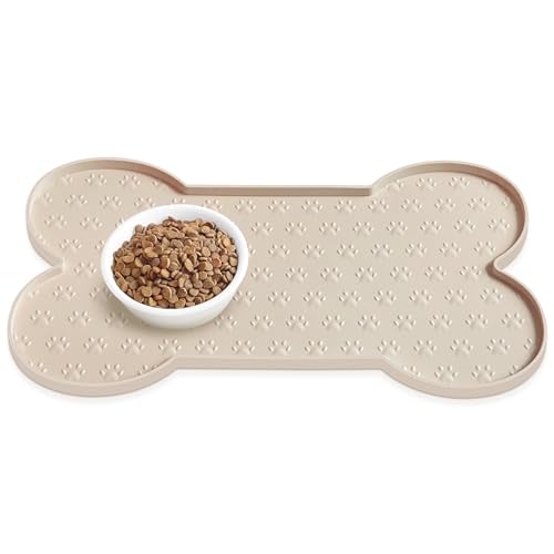 PWTAA Silicone Dog Food Mat - 25.6x13 Inch Waterproof Anti-Slip Pet Feeding Tray with Raised Edge, Beige