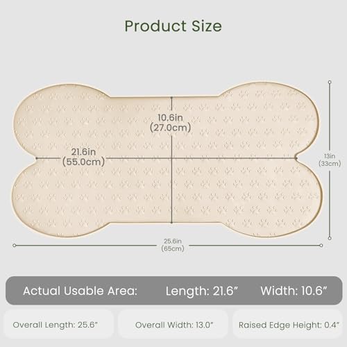 PWTAA Silicone Dog Food Mat - 25.6x13 Inch Waterproof Anti-Slip Pet Feeding Tray with Raised Edge, Beige