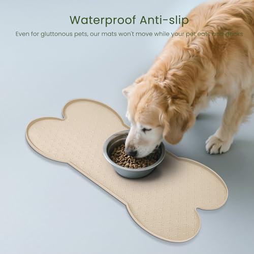 PWTAA Silicone Dog Food Mat - 25.6x13 Inch Waterproof Anti-Slip Pet Feeding Tray with Raised Edge, Beige