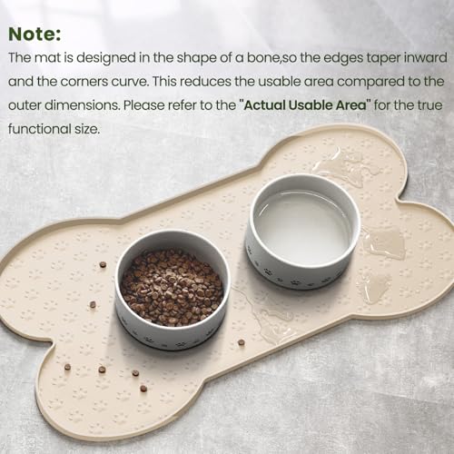 PWTAA Silicone Dog Food Mat - 25.6x13 Inch Waterproof Anti-Slip Pet Feeding Tray with Raised Edge, Beige