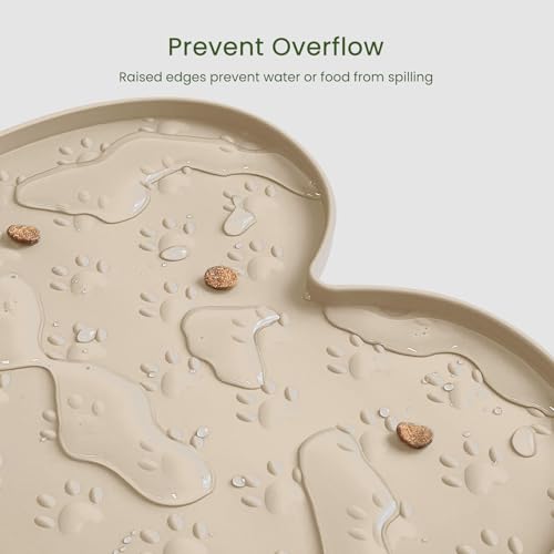 PWTAA Silicone Dog Food Mat - 25.6x13 Inch Waterproof Anti-Slip Pet Feeding Tray with Raised Edge, Beige