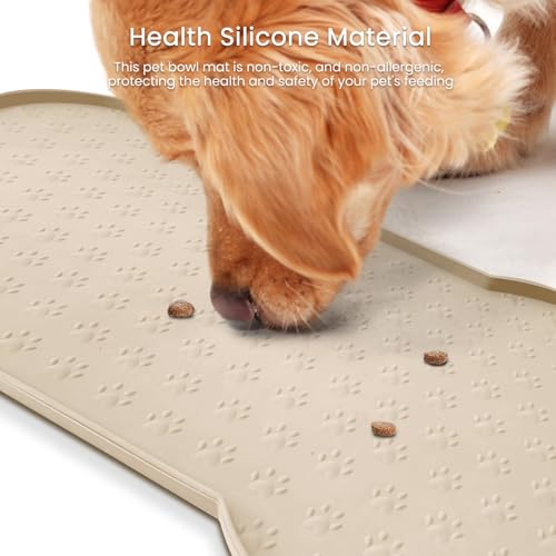 PWTAA Silicone Dog Food Mat - 25.6x13 Inch Waterproof Anti-Slip Pet Feeding Tray with Raised Edge, Beige