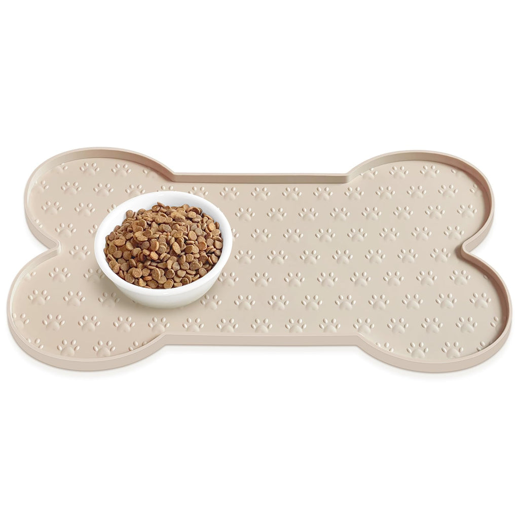 PWTAA Silicone Dog Food Mat - 25.6x13 Inch Waterproof Anti-Slip Pet Feeding Tray with Raised Edge, Beige