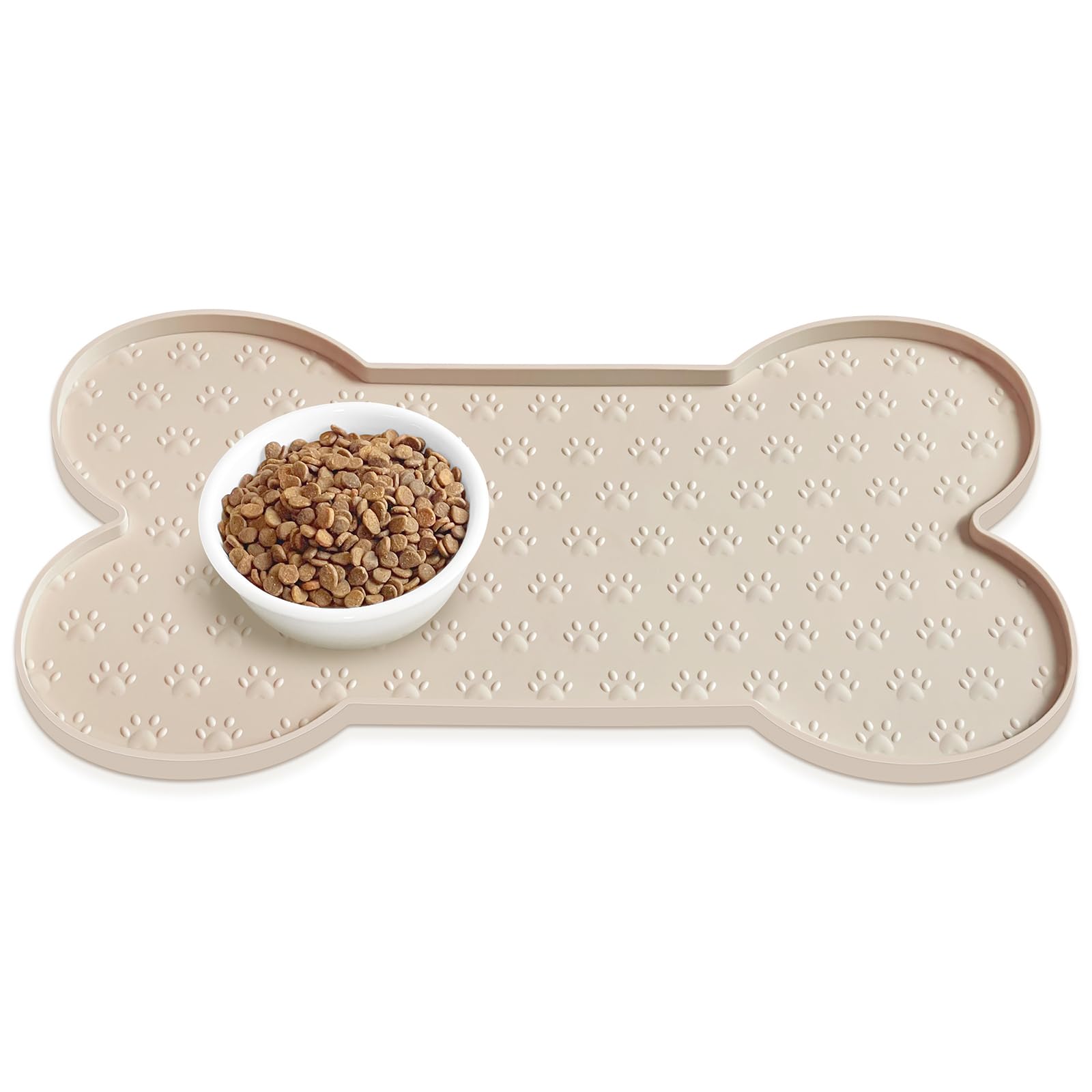 PWTAA Silicone Dog Food Mat - 25.6x13 Inch Waterproof Anti-Slip Pet Feeding Tray with Raised Edge, Beige