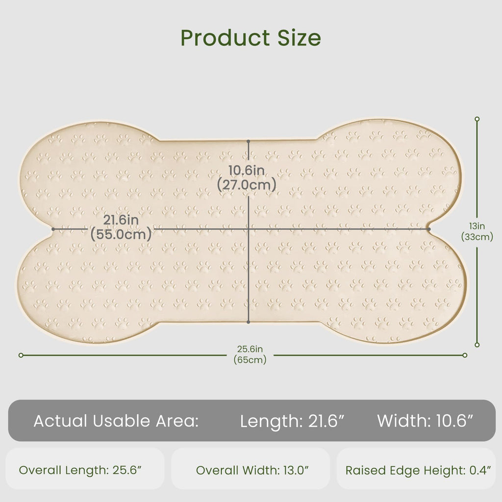 PWTAA Silicone Dog Food Mat - 25.6x13 Inch Waterproof Anti-Slip Pet Feeding Tray with Raised Edge, Beige
