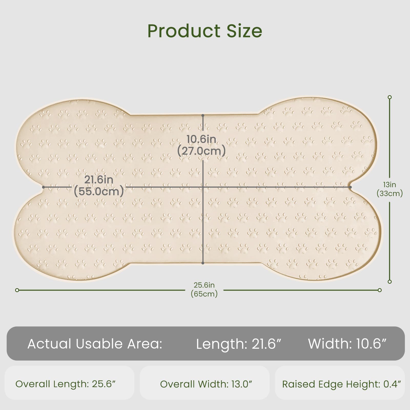 PWTAA Silicone Dog Food Mat - 25.6x13 Inch Waterproof Anti-Slip Pet Feeding Tray with Raised Edge, Beige