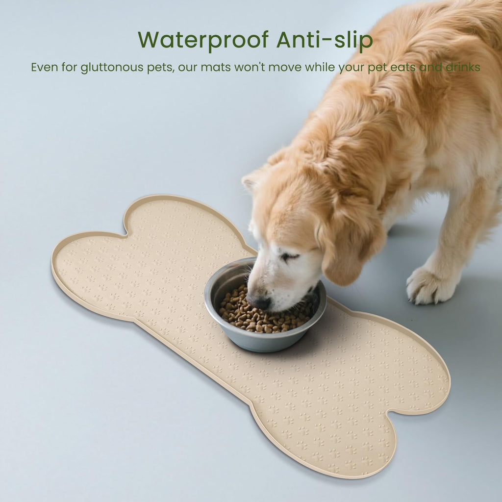 PWTAA Silicone Dog Food Mat - 25.6x13 Inch Waterproof Anti-Slip Pet Feeding Tray with Raised Edge, Beige