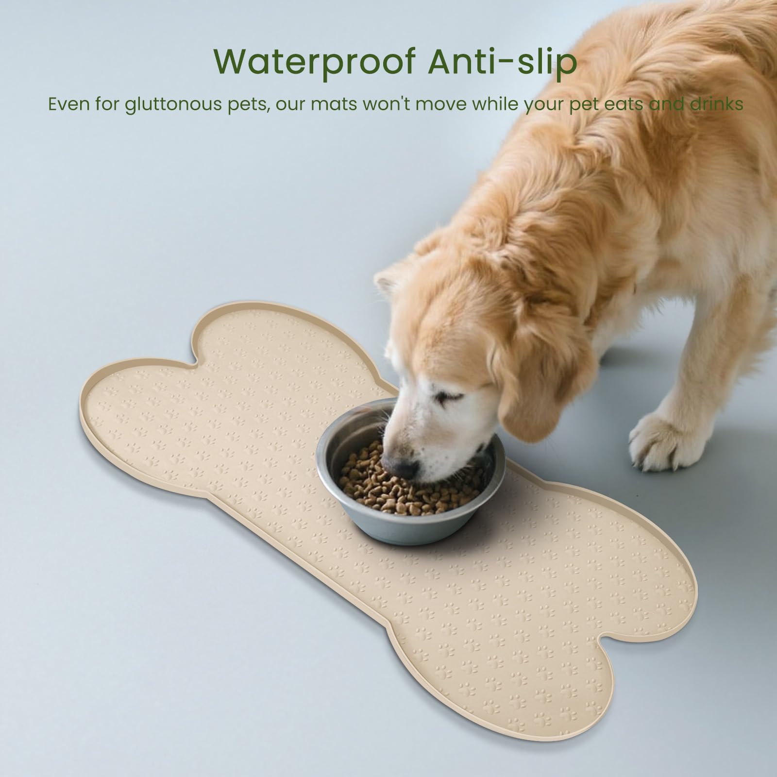PWTAA Silicone Dog Food Mat - 25.6x13 Inch Waterproof Anti-Slip Pet Feeding Tray with Raised Edge, Beige