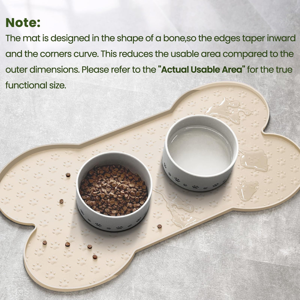 PWTAA Silicone Dog Food Mat - 25.6x13 Inch Waterproof Anti-Slip Pet Feeding Tray with Raised Edge, Beige