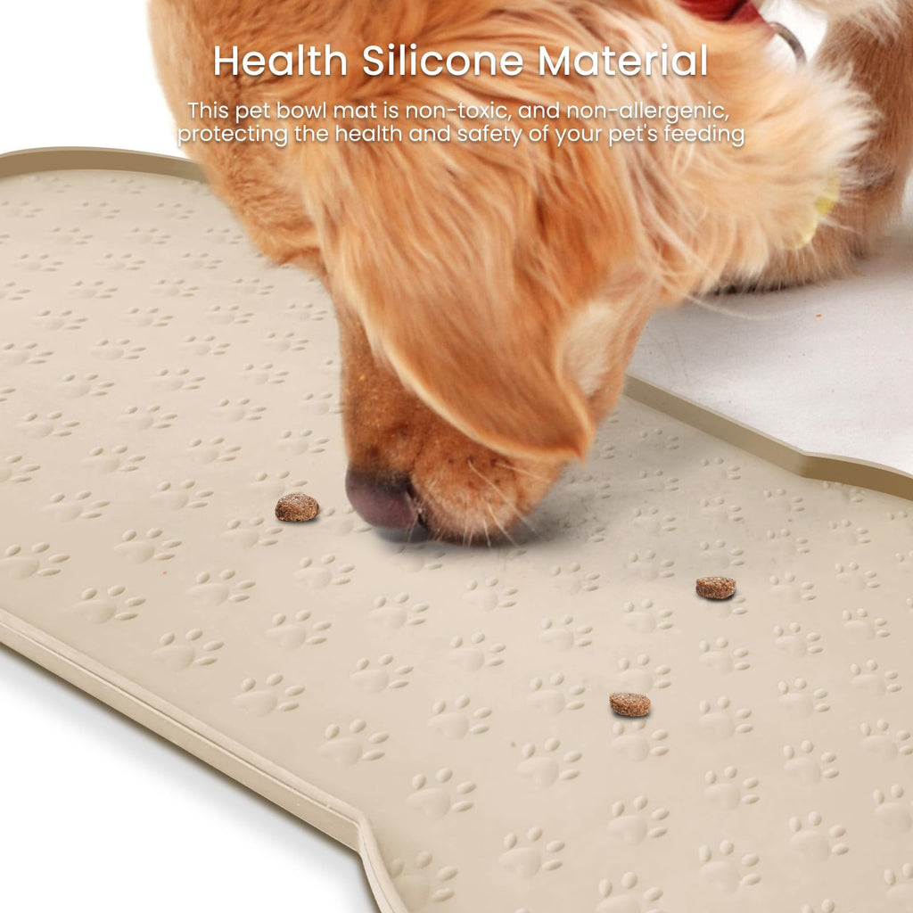PWTAA Silicone Dog Food Mat - 25.6x13 Inch Waterproof Anti-Slip Pet Feeding Tray with Raised Edge, Beige