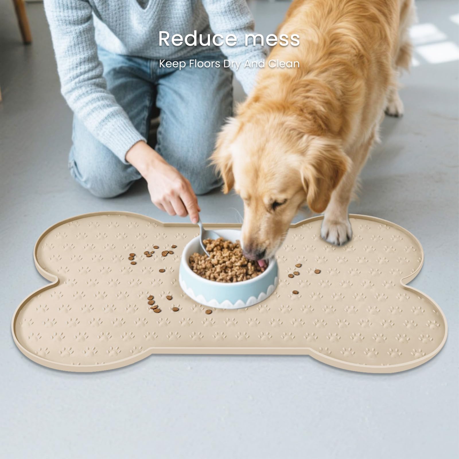 PWTAA Silicone Dog Food Mat - 25.6x13 Inch Waterproof Anti-Slip Pet Feeding Tray with Raised Edge, Beige
