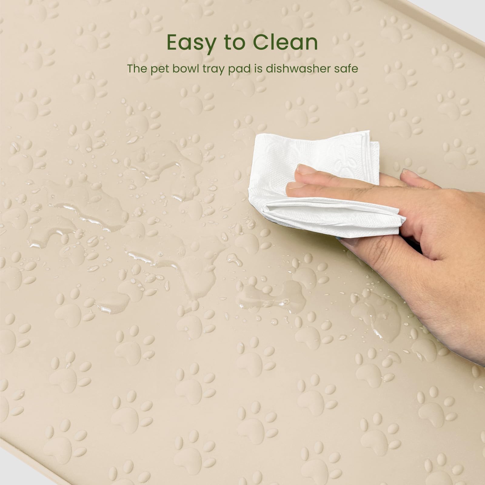 PWTAA Silicone Dog Food Mat - 25.6x13 Inch Waterproof Anti-Slip Pet Feeding Tray with Raised Edge, Beige