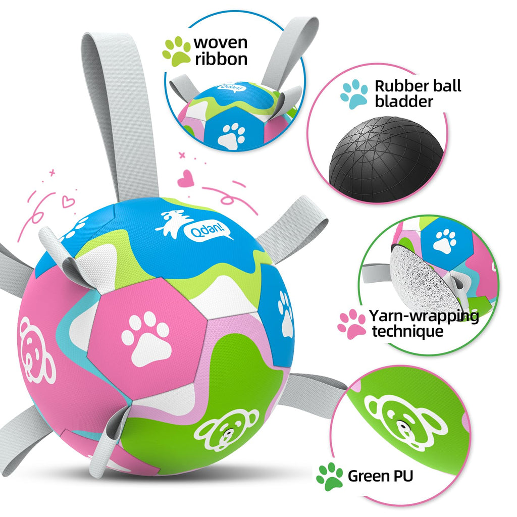 QDAN 6 Inch Dog Toy with Straps - Durable PU Leather Ball for Interactive Play & Training, Herding Ball for Small to Large Dogs