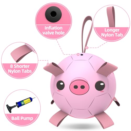 QDAN Dog Toys Soccer Ball with Straps – 8-Inch Interactive Fetch and Tug Toy for Medium and Large Dogs, Pink Pig
