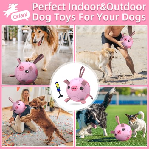 QDAN Dog Toys Soccer Ball with Straps – 8-Inch Interactive Fetch and Tug Toy for Medium and Large Dogs, Pink Pig