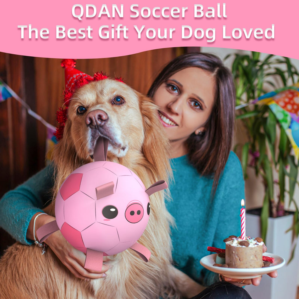 QDAN Dog Toys Soccer Ball with Straps – 8-Inch Interactive Fetch and Tug Toy for Medium and Large Dogs, Pink Pig