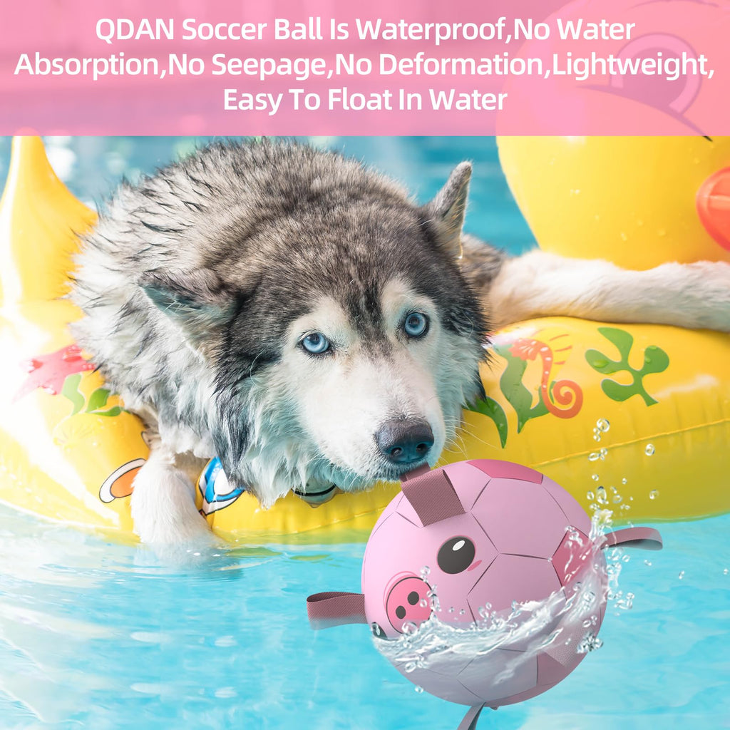 QDAN Dog Toys Soccer Ball with Straps – 8-Inch Interactive Fetch and Tug Toy for Medium and Large Dogs, Pink Pig