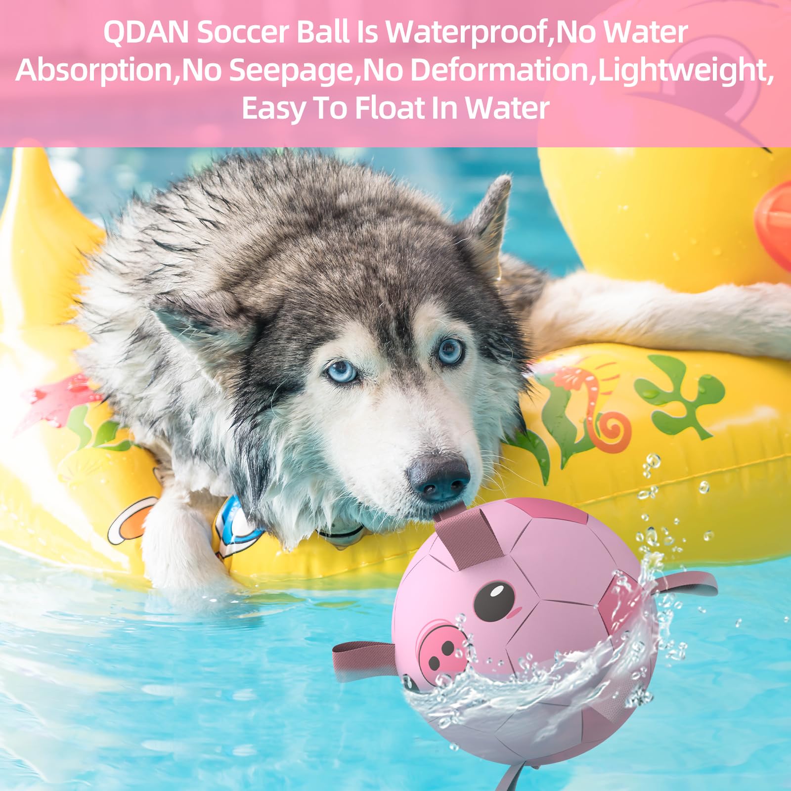QDAN Dog Toys Soccer Ball with Straps – 8-Inch Interactive Fetch and Tug Toy for Medium and Large Dogs, Pink Pig
