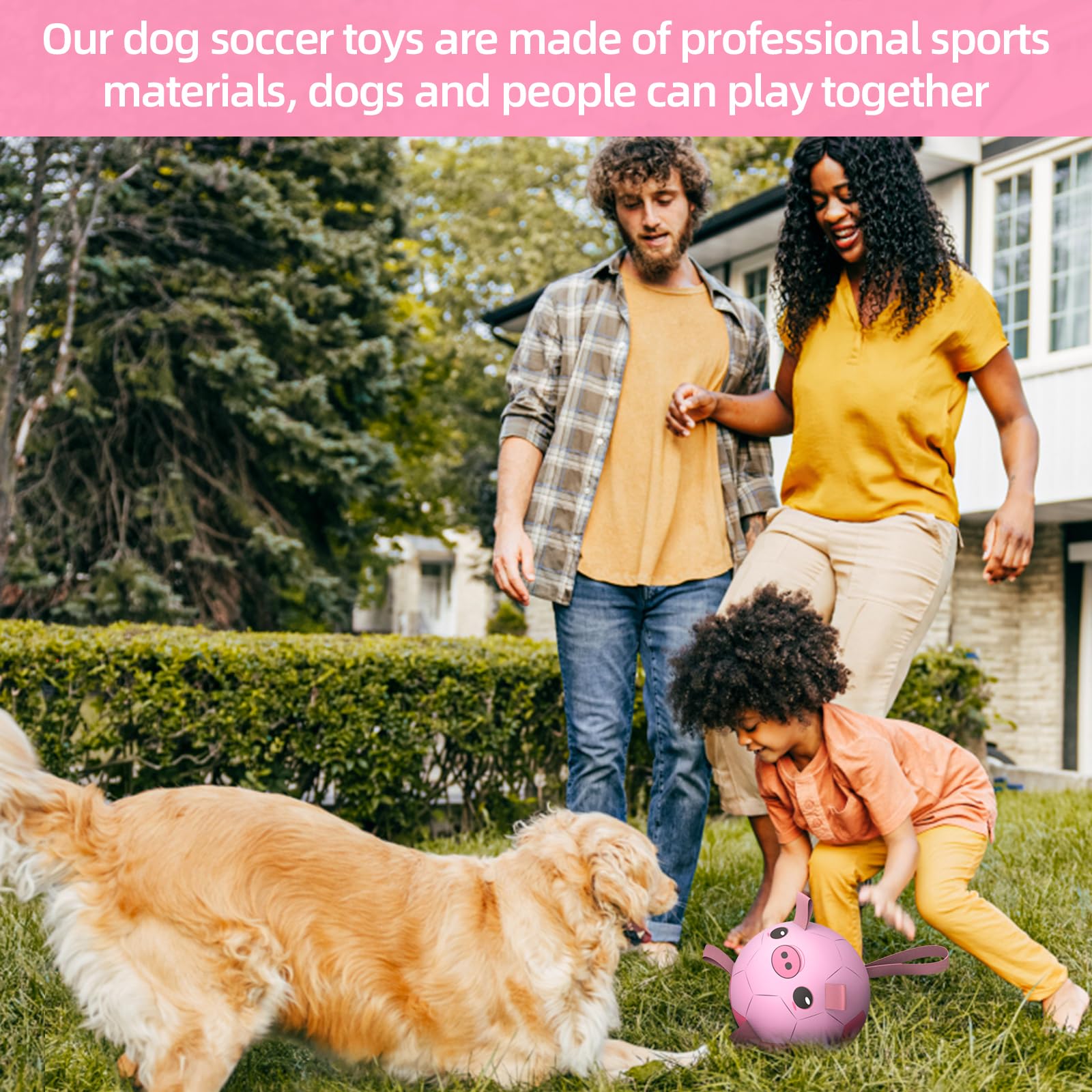 QDAN Dog Toys Soccer Ball with Straps – 8-Inch Interactive Fetch and Tug Toy for Medium and Large Dogs, Pink Pig