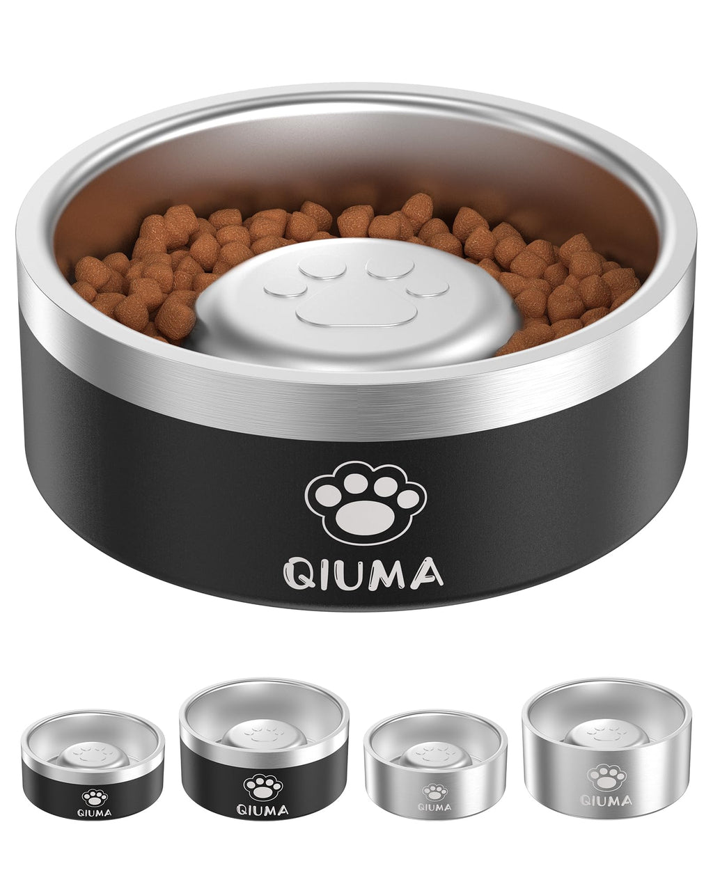 Qiuma Stainless Steel Slow Feeder Dog Bowl – 2 Cups, Food-Grade 304, Non-Slip Base for Small & Medium Dogs (Black)