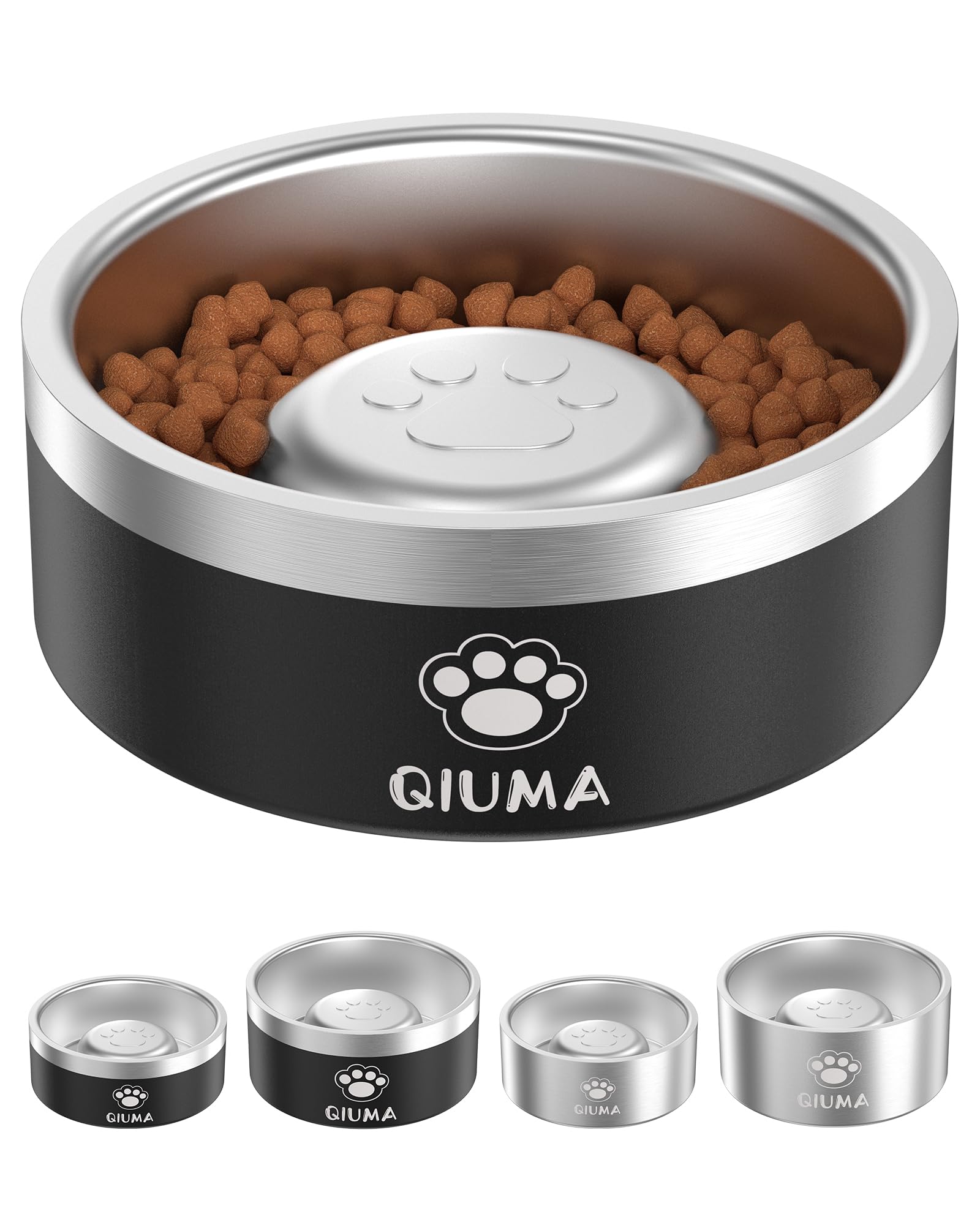 Qiuma Stainless Steel Slow Feeder Dog Bowl – 2 Cups, Food-Grade 304, Non-Slip Base for Small & Medium Dogs (Black)
