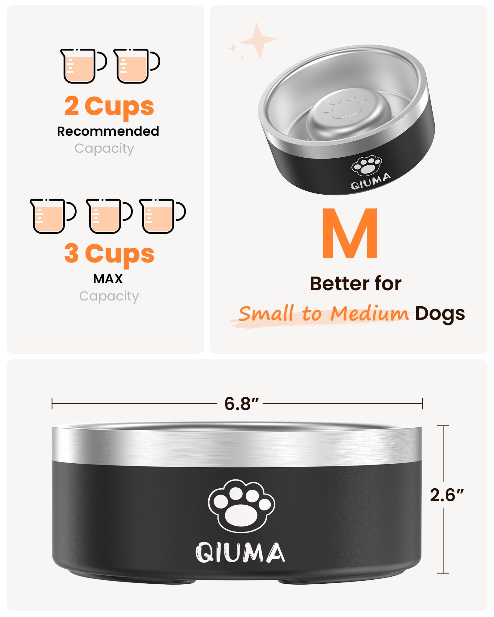Qiuma Stainless Steel Slow Feeder Dog Bowl – 2 Cups, Food-Grade 304, Non-Slip Base for Small & Medium Dogs (Black)