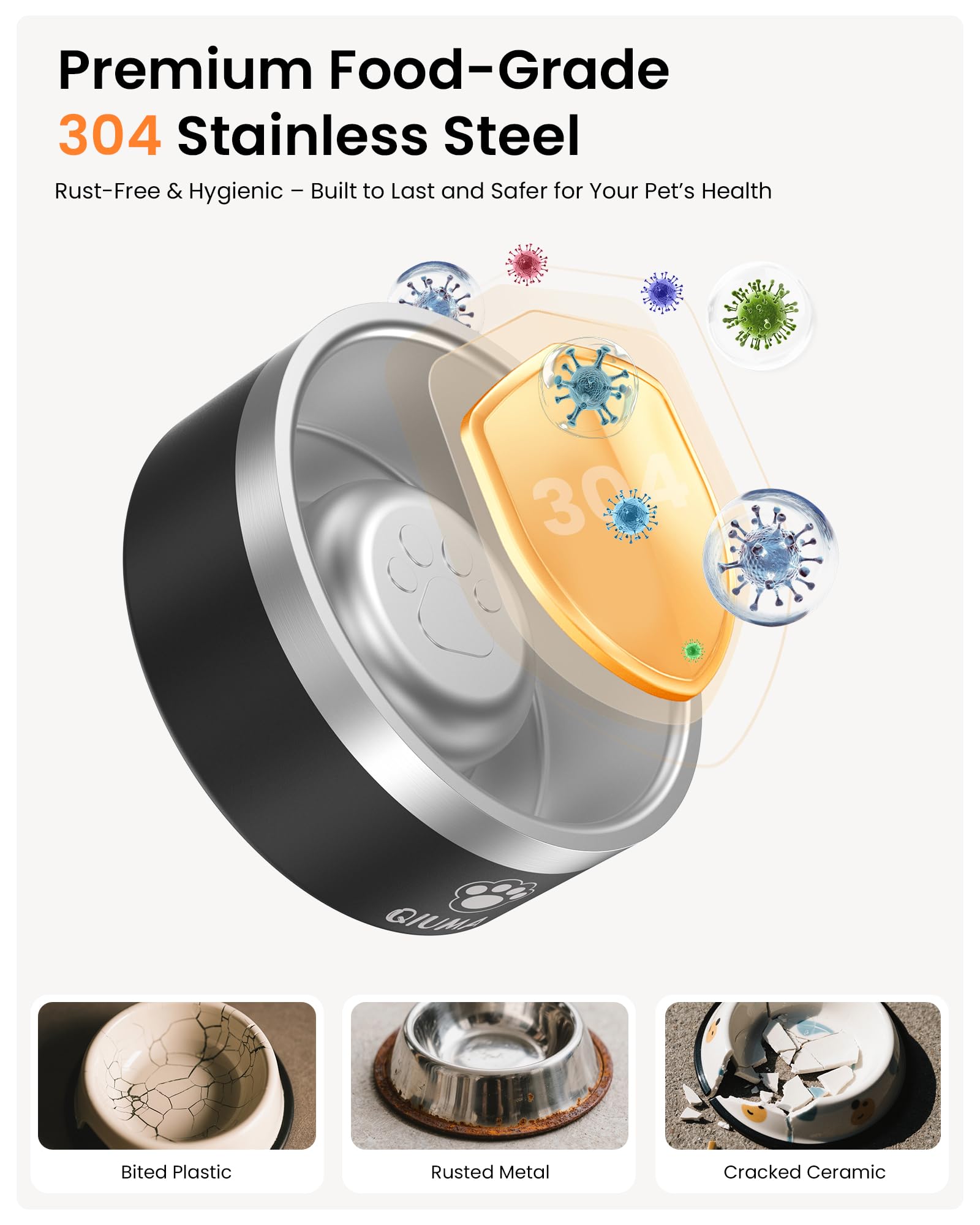 Qiuma Stainless Steel Slow Feeder Dog Bowl – 2 Cups, Food-Grade 304, Non-Slip Base for Small & Medium Dogs (Black)