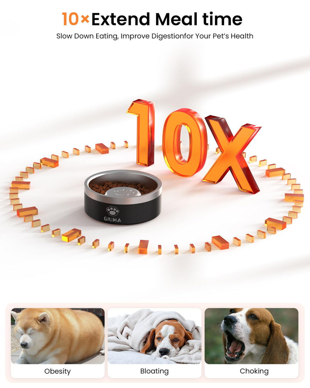 Qiuma Stainless Steel Slow Feeder Dog Bowl – 2 Cups, Food-Grade 304, Non-Slip Base for Small & Medium Dogs (Black)