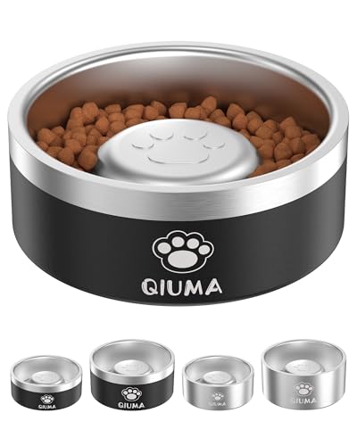 Qiuma Stainless Steel Slow Feeder Dog Bowl – 2 Cups, Food-Grade 304, Non-Slip Base for Small & Medium Dogs (Black)