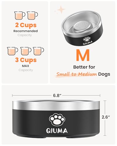 Qiuma Stainless Steel Slow Feeder Dog Bowl – 2 Cups, Food-Grade 304, Non-Slip Base for Small & Medium Dogs (Black)