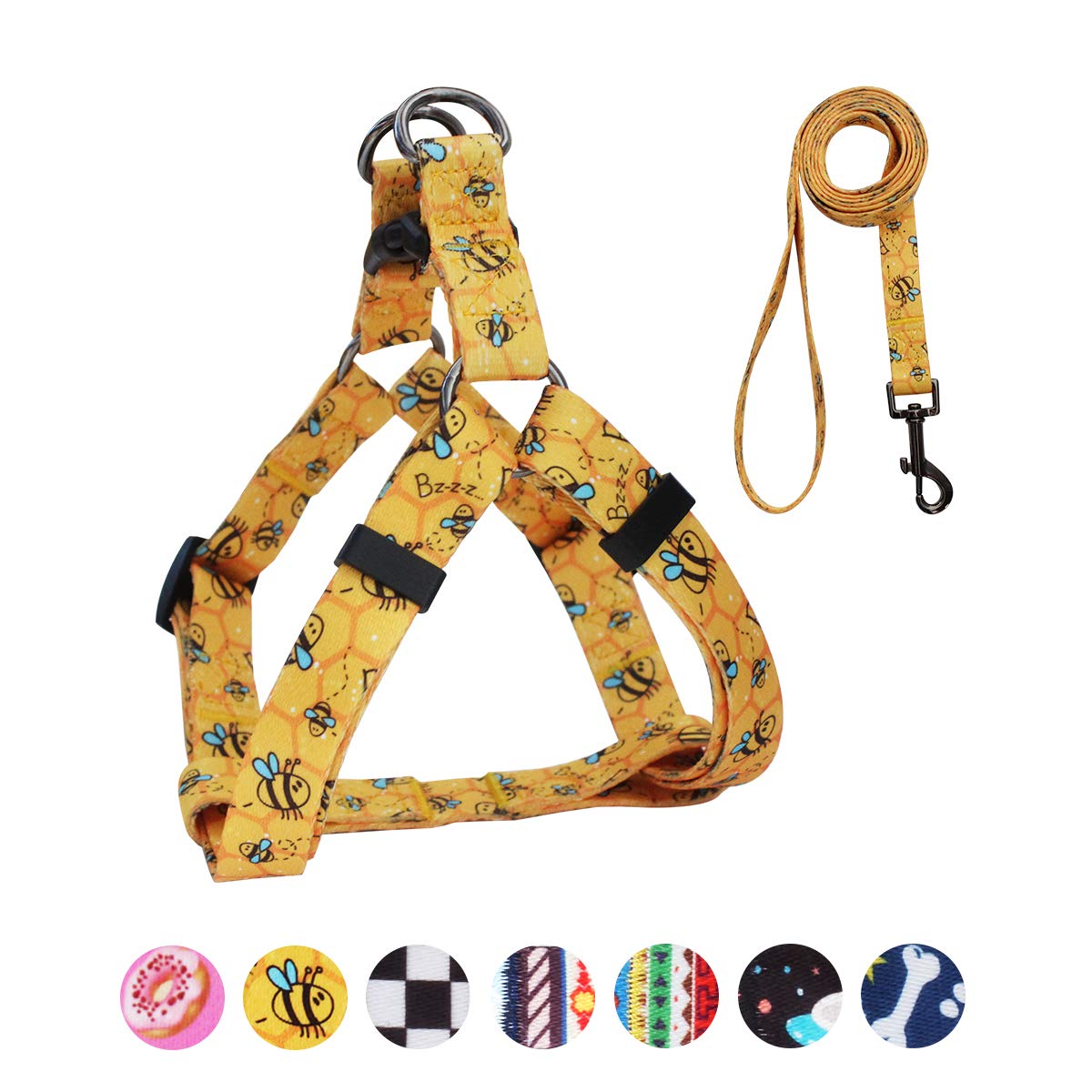 QQPETS Dog Harness Leash Set - No Pull Back Clip Adjustable Vest Harness for Medium Large Dogs, Yellow Bee, Size L (23-32 Inch Chest)