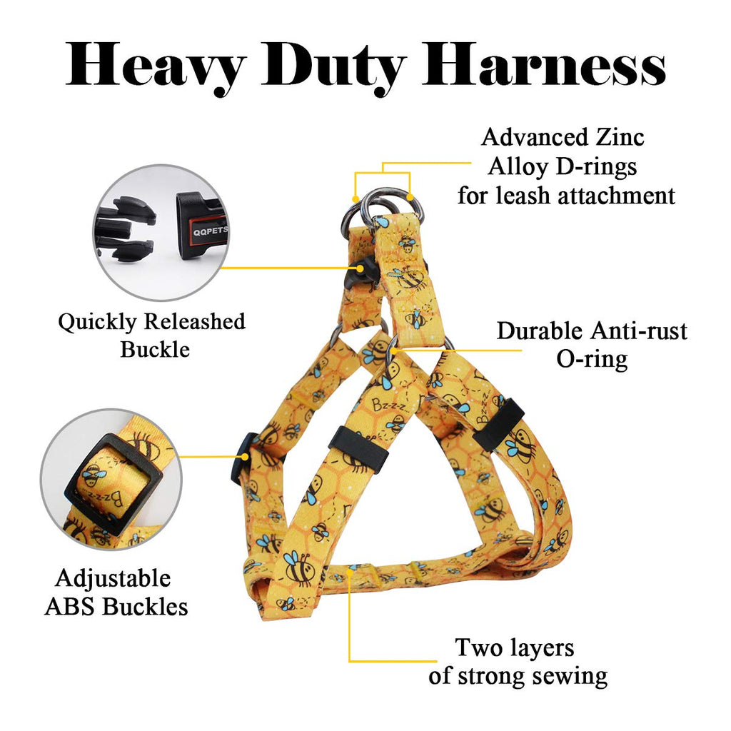 QQPETS Dog Harness Leash Set - No Pull Back Clip Adjustable Vest Harness for Medium Large Dogs, Yellow Bee, Size L (23-32 Inch Chest)