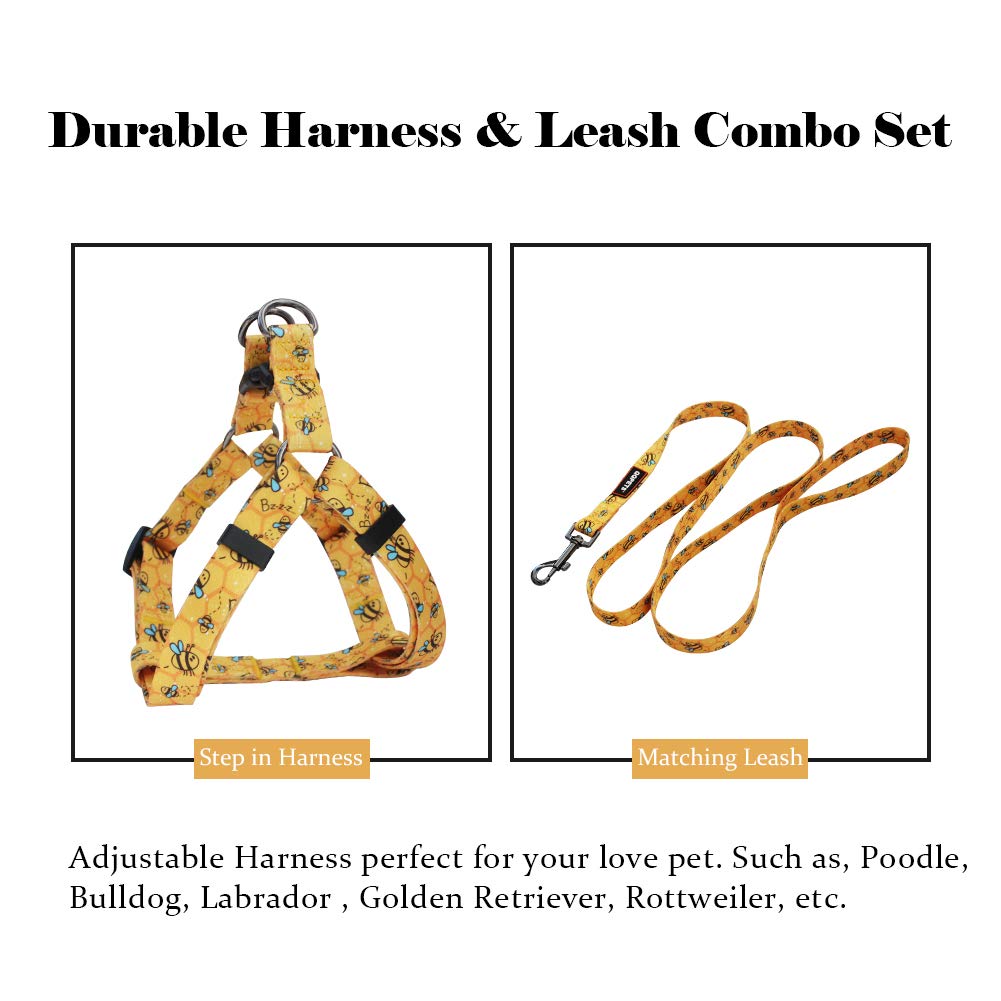 QQPETS Dog Harness Leash Set - No Pull Back Clip Adjustable Vest Harness for Medium Large Dogs, Yellow Bee, Size L (23-32 Inch Chest)