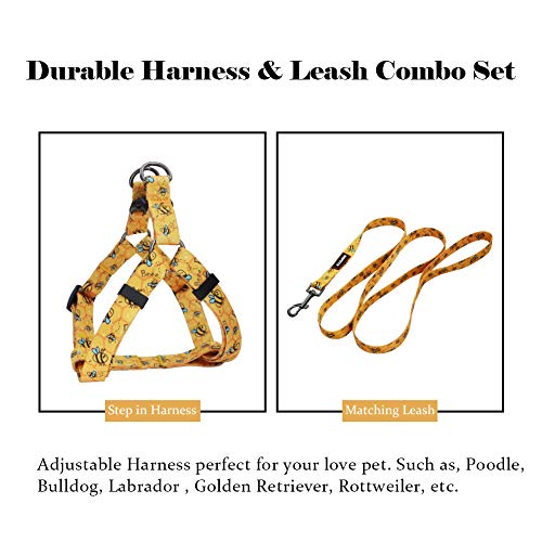 QQPETS Dog Harness Leash Set - No Pull Back Clip Adjustable Vest Harness for Medium Large Dogs, Yellow Bee, Size L (23-32 Inch Chest)
