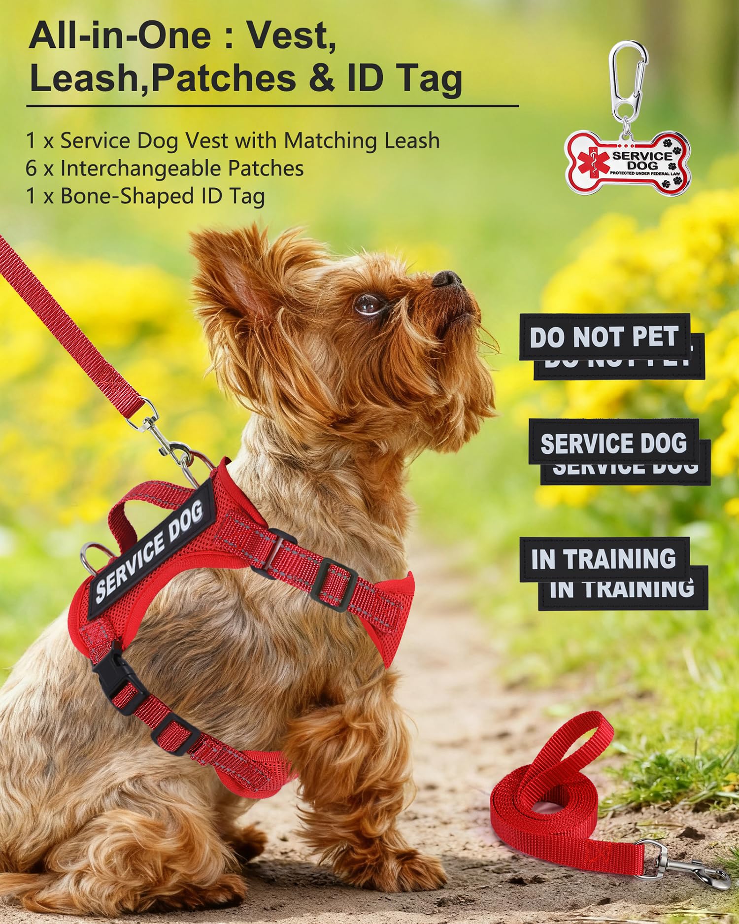 QUDLIMO Lightweight Service Dog Vest for Small Breeds – Red XS with ID Tag, Patches & Leash