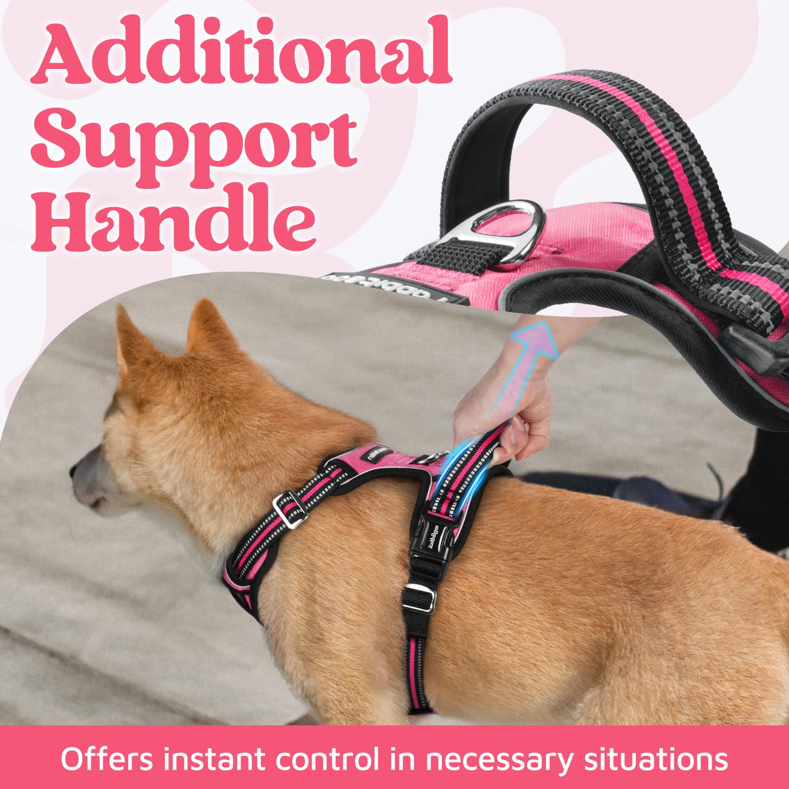 rabbitgoo Medium Dog Harness Pink – 3-Buckle No-Pull Vest with Control Handle & Reflective Strips